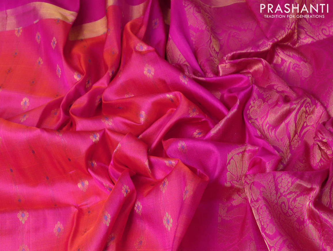 Pure uppada silk saree dual shade of pinkish orange and pink with allover thread & zari woven floral buttas and zari woven simple border