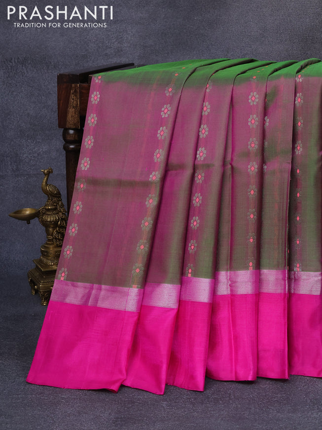 Pure uppada silk saree dual shade of pinkish green and pink with allover thread & zari woven floral buttas and zari woven simple border
