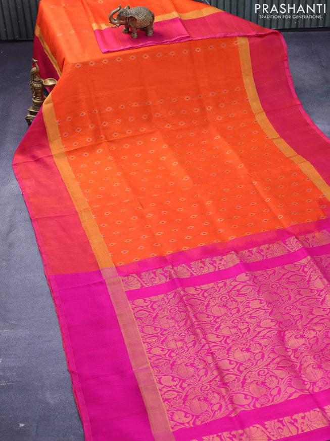 Pure uppada silk saree orange and pink with allover thread & zari woven floral buttas and zari woven simple border