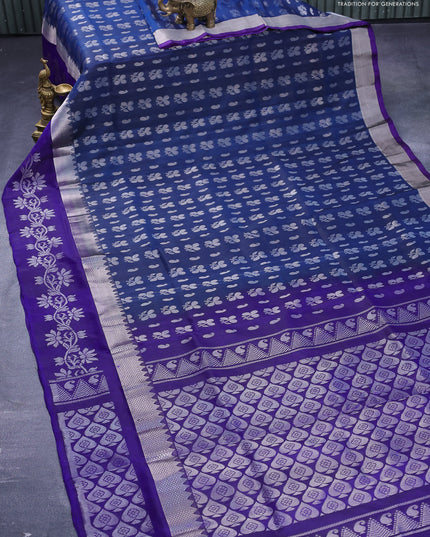 Pure uppada silk saree peacock blue and navy blue with allover silver zari woven buttas and silver zari woven floral border