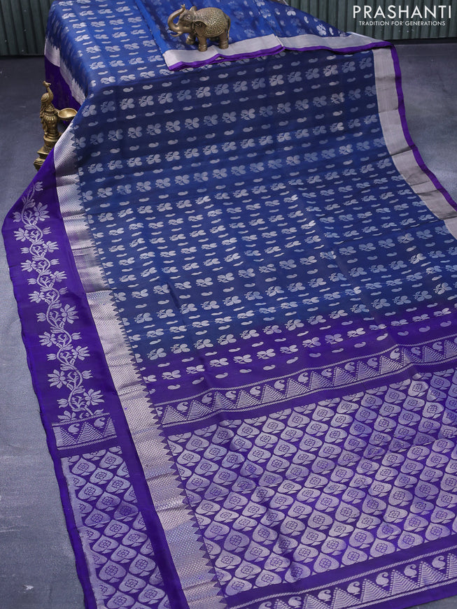 Pure uppada silk saree peacock blue and navy blue with allover silver zari woven buttas and silver zari woven floral border