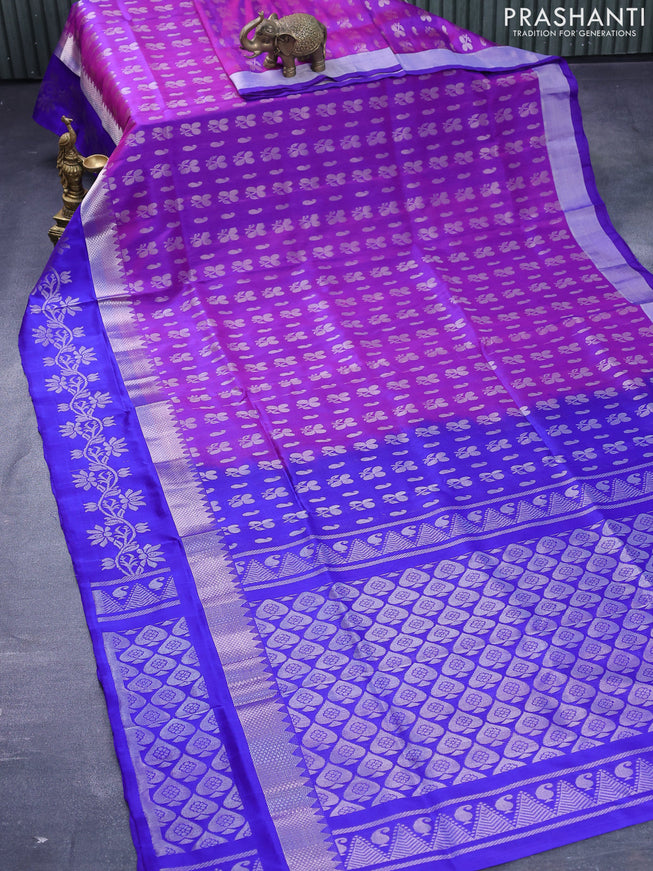 Pure uppada silk saree dual shade of purple and blue with allover silver zari woven buttas and silver zari woven floral border