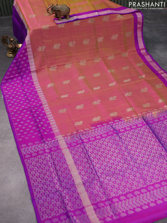 Pure uppada silk saree dual shade of pink and purple with silver zari woven buttas and silver zari woven butta border