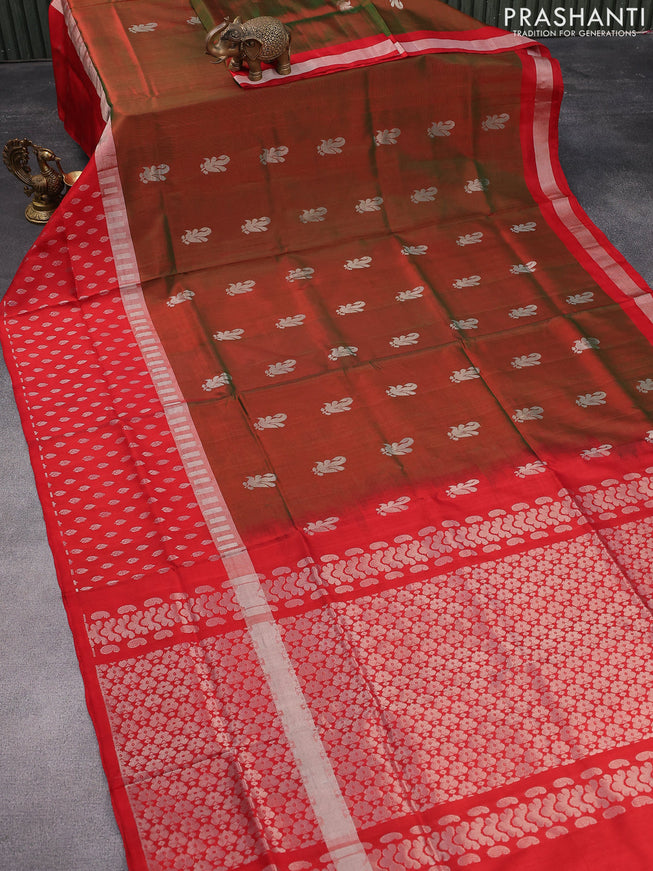 Pure uppada silk saree manthulir green and red with silver zari woven buttas and silver zari woven butta border