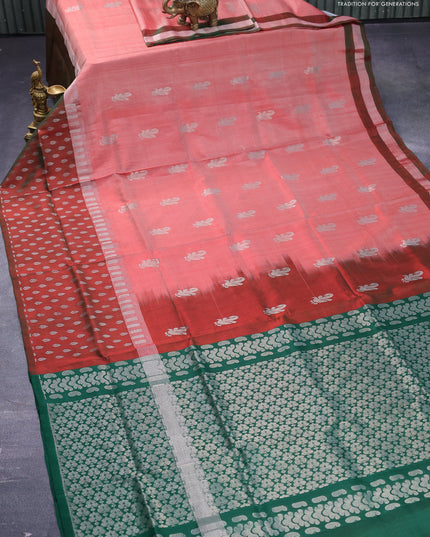Pure uppada silk saree red shade and green with silver zari woven buttas and silver zari woven butta border