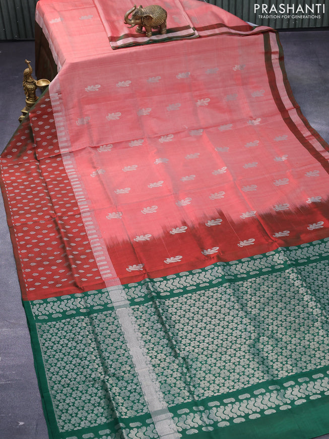 Pure uppada silk saree red shade and green with silver zari woven buttas and silver zari woven butta border