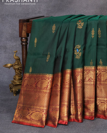 Pure uppada silk saree bottle green and dark maroon with thread & zari woven buttas and long rich zari woven border