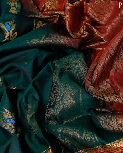 Pure uppada silk saree bottle green and dark maroon with thread & zari woven buttas and long rich zari woven border