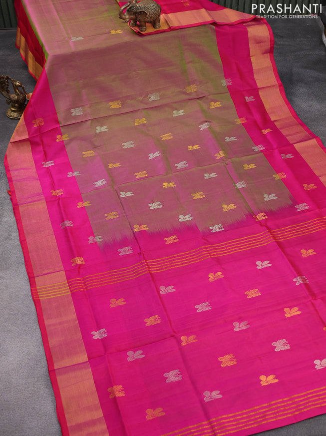Pure uppada silk saree dual shade of pinkish green and pink with silver & gold zari woven buttas and zari woven border