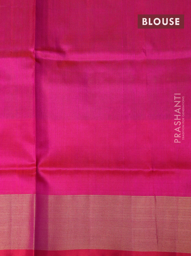 Pure uppada silk saree dual shade of pinkish green and pink with silver & gold zari woven buttas and zari woven border