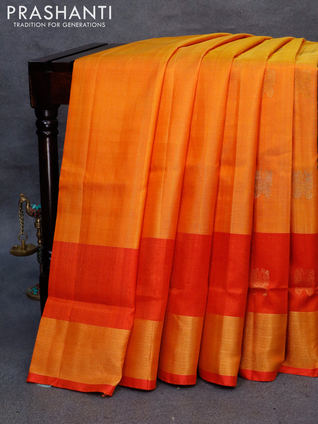 Pure uppada silk saree dual shade of mango yellow and red with silver & gold zari woven buttas and zari woven border