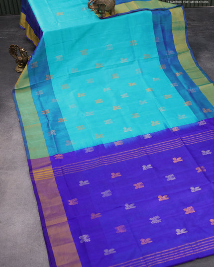 Pure uppada silk saree teal blue and royal blue with silver & gold zari woven buttas and zari woven border