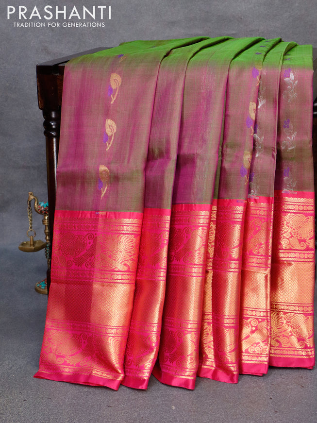 Pure uppada silk saree greenish purple and magenta pink with silver & gold zari woven buttas and long zari woven border