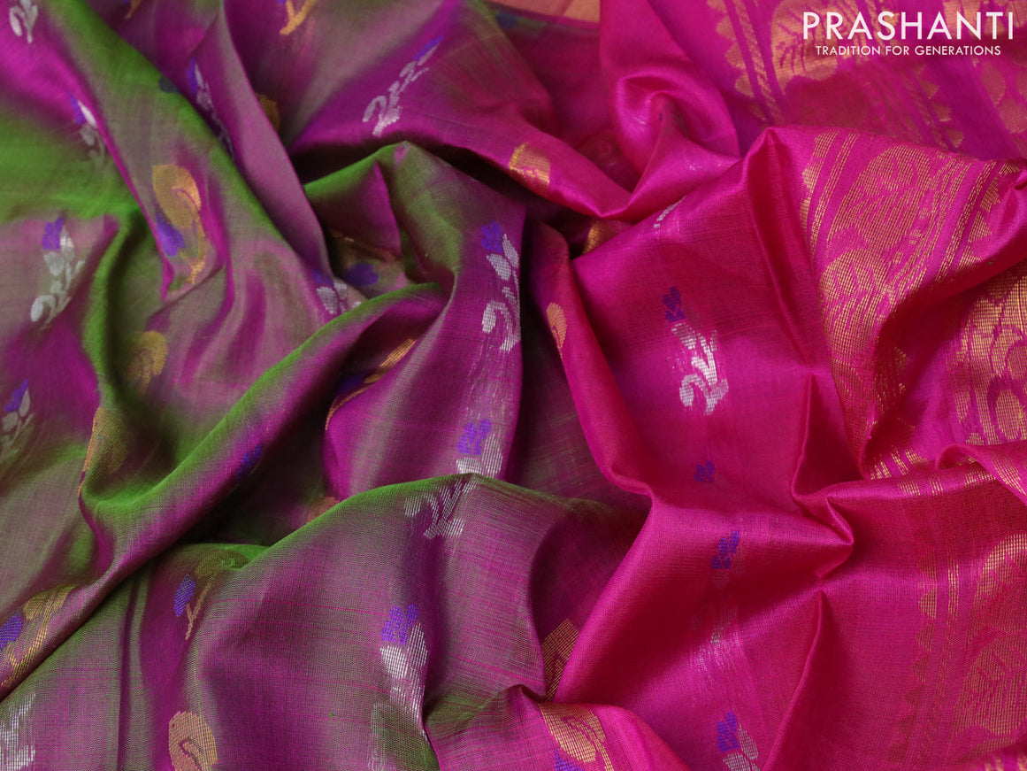 Pure uppada silk saree greenish purple and magenta pink with silver & gold zari woven buttas and long zari woven border