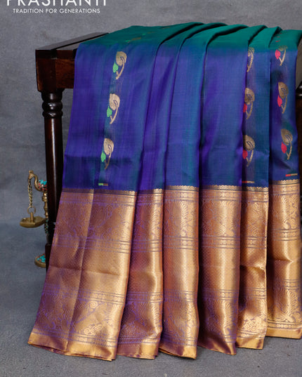 Pure uppada silk saree dual shade of bluish green and dual shade yellowish blue thread & zari woven buttas and long zari woven border