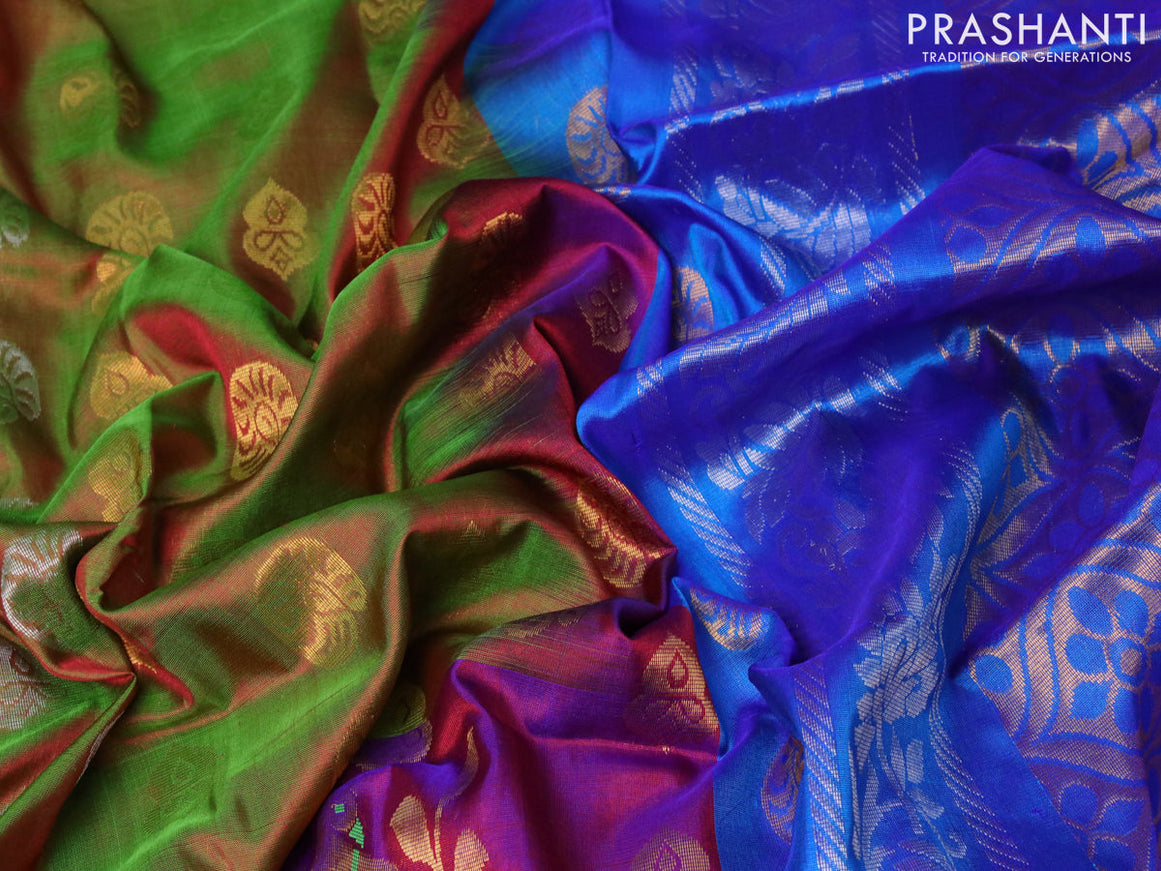 Pure uppada silk saree dual shade greenish maroon and dual shade of blue with silver & gold zari woven buttas and long peacock design zari woven border