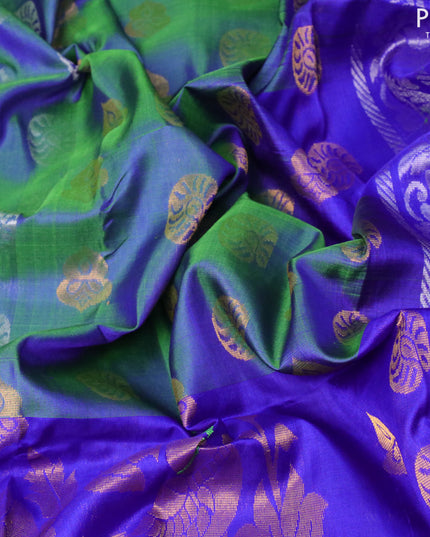 Pure uppada silk saree dual shade of bluish green and royal blue with silver & gold zari woven buttas and long peacock design zari woven border