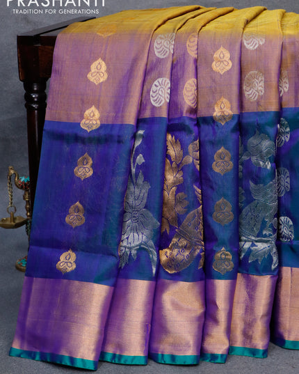Pure uppada silk saree dual shade of bluish yellow and dual shade of bluish green with silver & gold zari woven buttas and long peacock design zari woven border