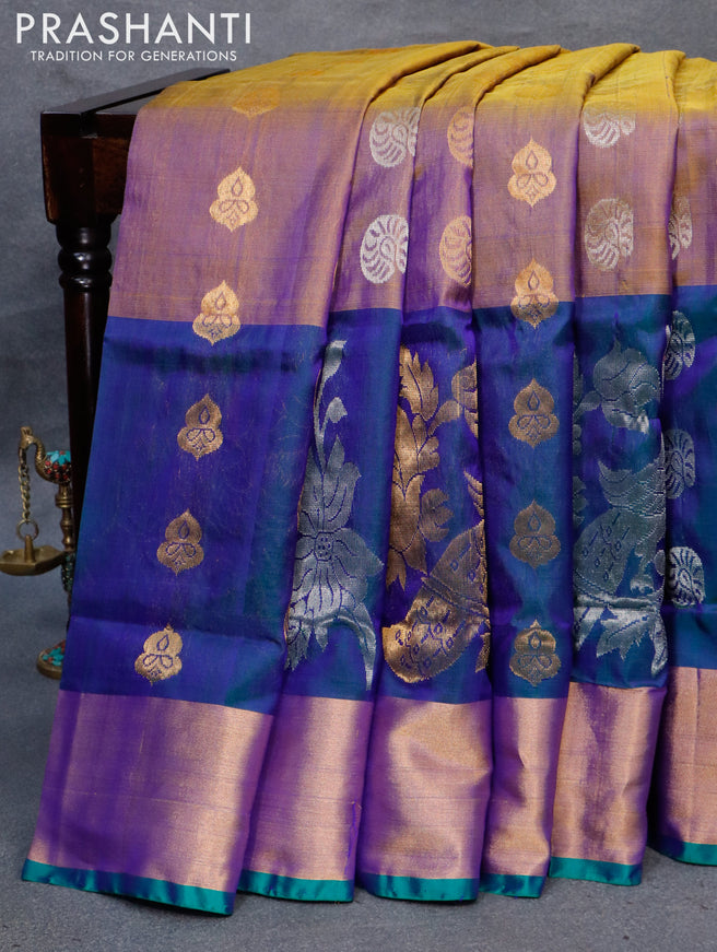 Pure uppada silk saree dual shade of bluish yellow and dual shade of bluish green with silver & gold zari woven buttas and long peacock design zari woven border
