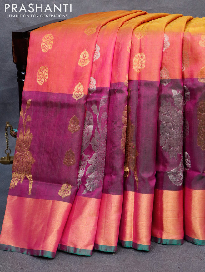 Pure uppada silk saree dual shade of pinkish yellow and dark green with silver & gold zari woven buttas and long peacock design zari woven border