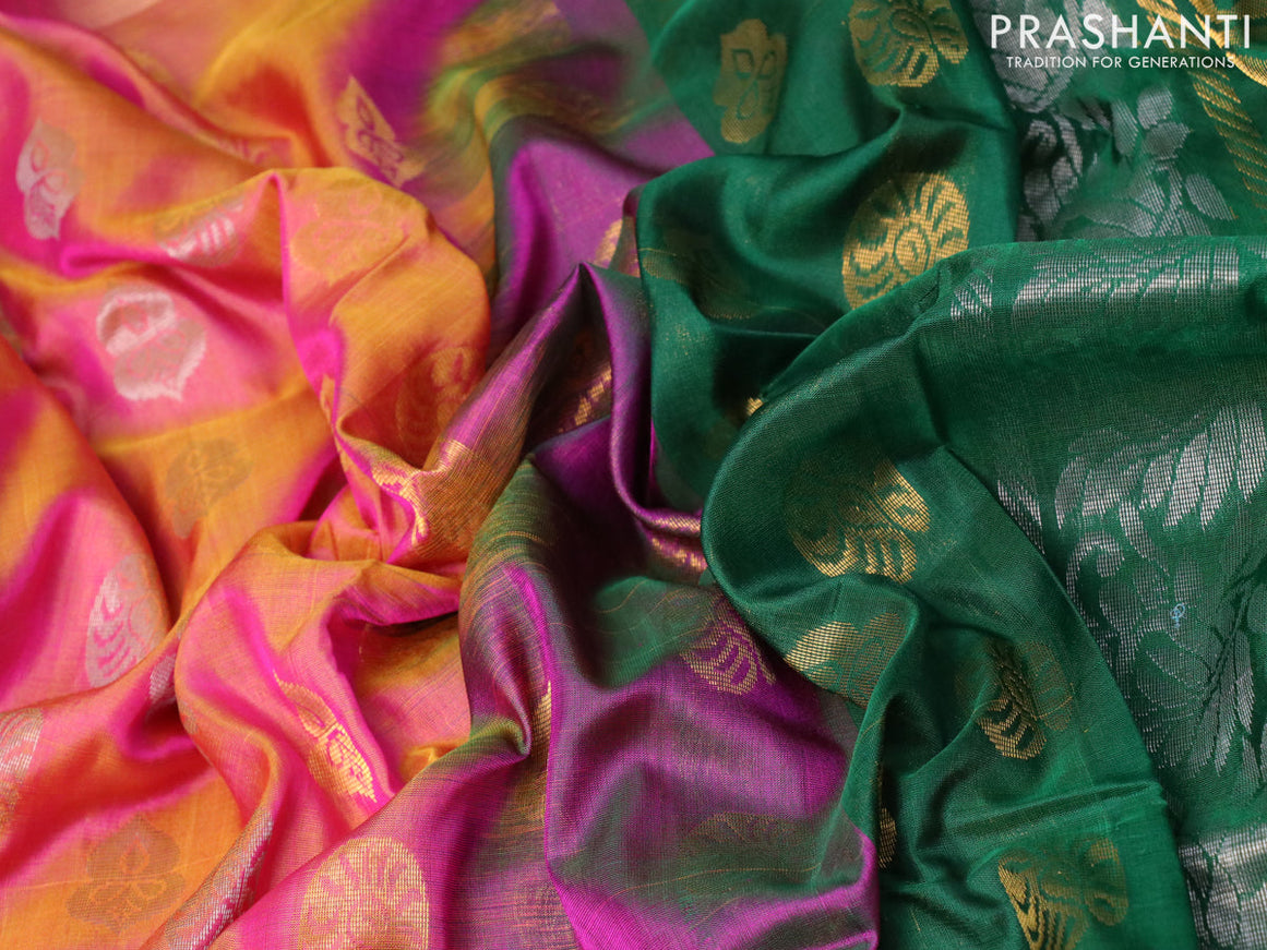 Pure uppada silk saree dual shade of pinkish yellow and dark green with silver & gold zari woven buttas and long peacock design zari woven border