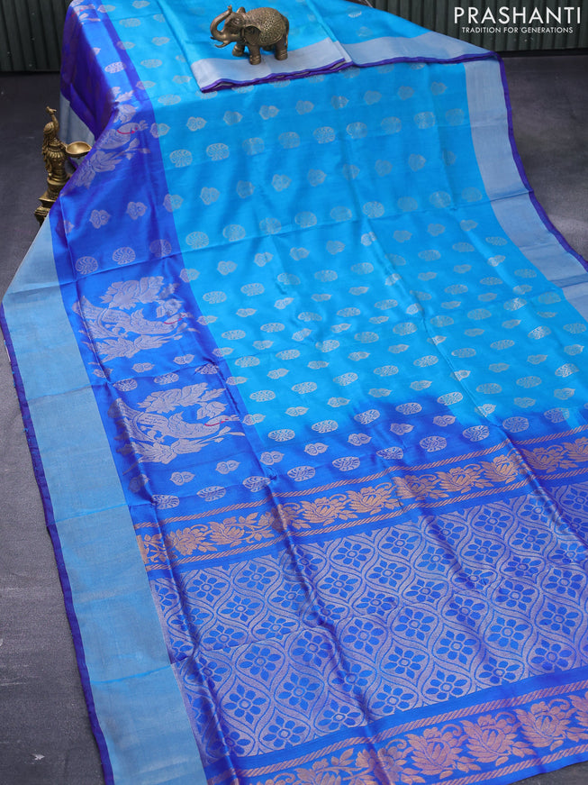 Pure uppada silk saree cs blue and blue with silver & gold zari woven buttas and long peacock design zari woven border