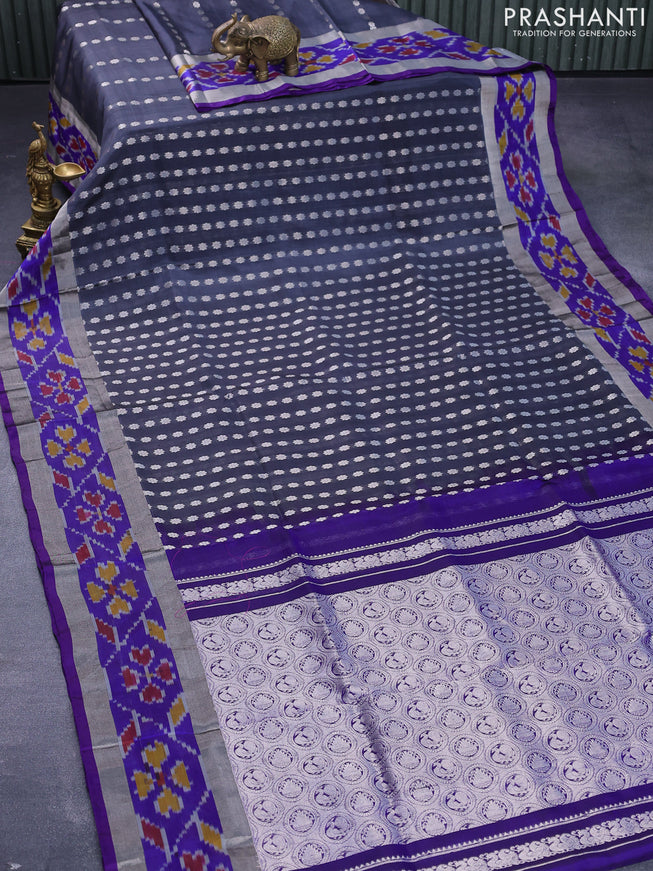 Pure uppada silk saree elephant grey and blue with allover silver zari woven floral buttas and silver zari woven ikat style border