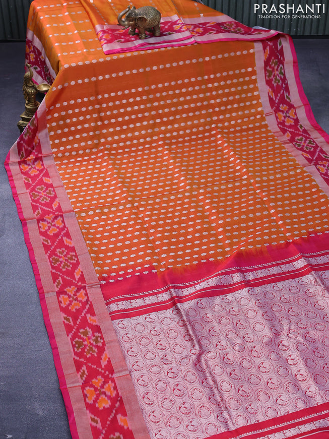 Pure uppada silk saree dual shade of mustard yellow and pink with allover silver zari woven floral buttas and silver zari woven ikat style border