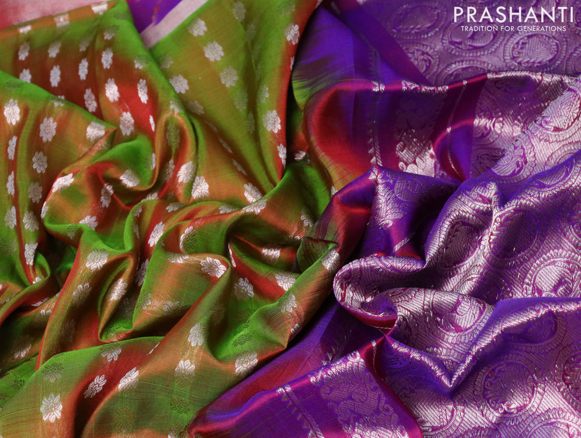 Pure uppada silk saree dual shade of greenish maroon and dual shade of purple with allover silver zari woven floral buttas and silver zari woven ikat style border