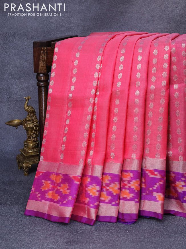 Pure uppada silk saree light pink and blue with allover silver zari woven floral buttas and silver zari woven ikat style border