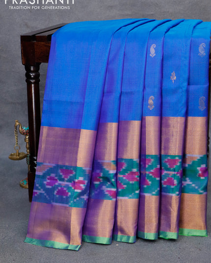 Pure uppada silk saree cs blue and light green with paisley zari woven buttas and zari woven ikat style border