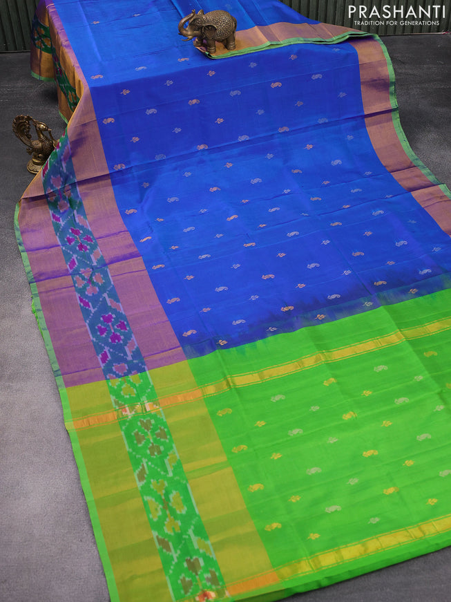 Pure uppada silk saree cs blue and light green with paisley zari woven buttas and zari woven ikat style border