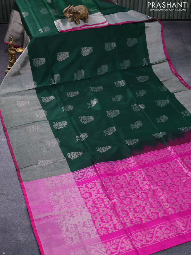 Pure uppada silk saree bottle green and pink with silver zari woven floral buttas and long silver zari woven butta border
