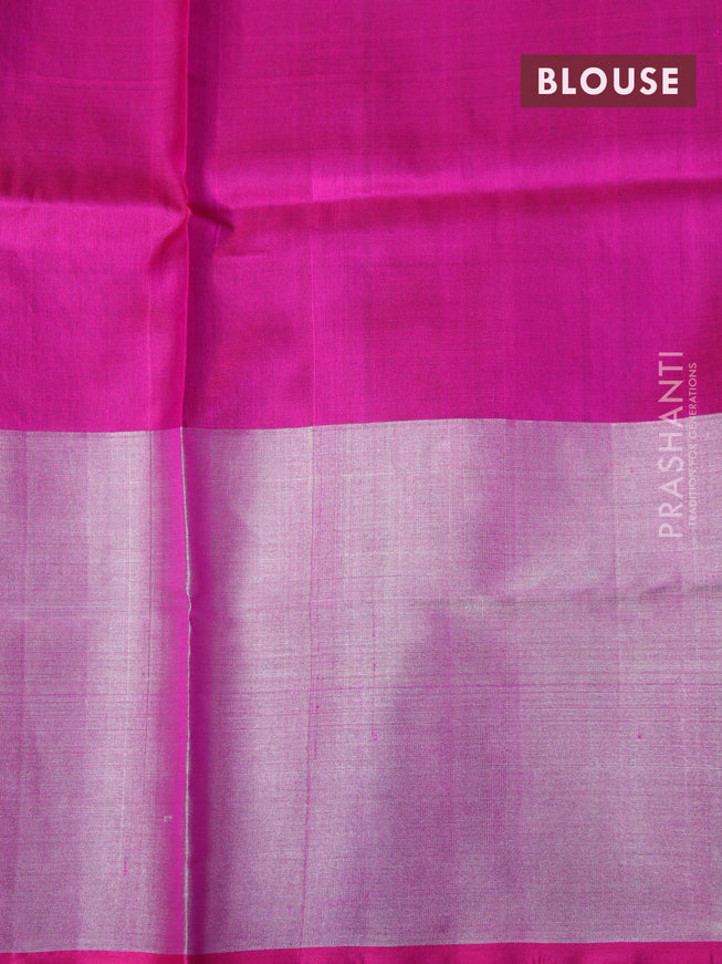 Pure uppada silk saree bottle green and pink with silver zari woven floral buttas and long silver zari woven butta border