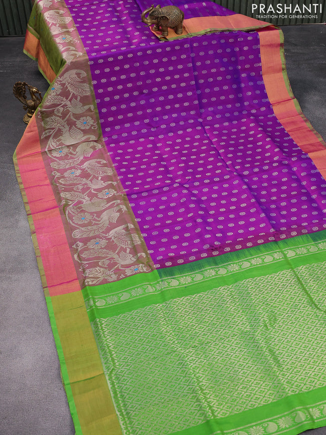 Pure uppada silk saree purple and light green with allover silver zari woven buttas and long peacock design zari woven border