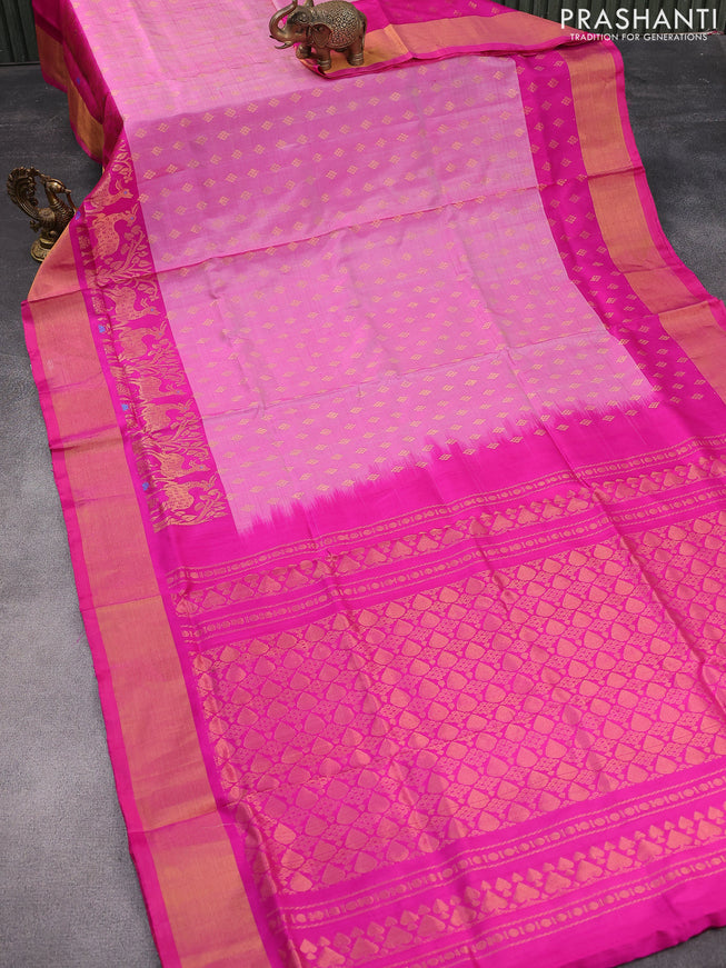 Pure uppada silk saree light pink and pink with allover zari woven buttas and deer design zari woven border