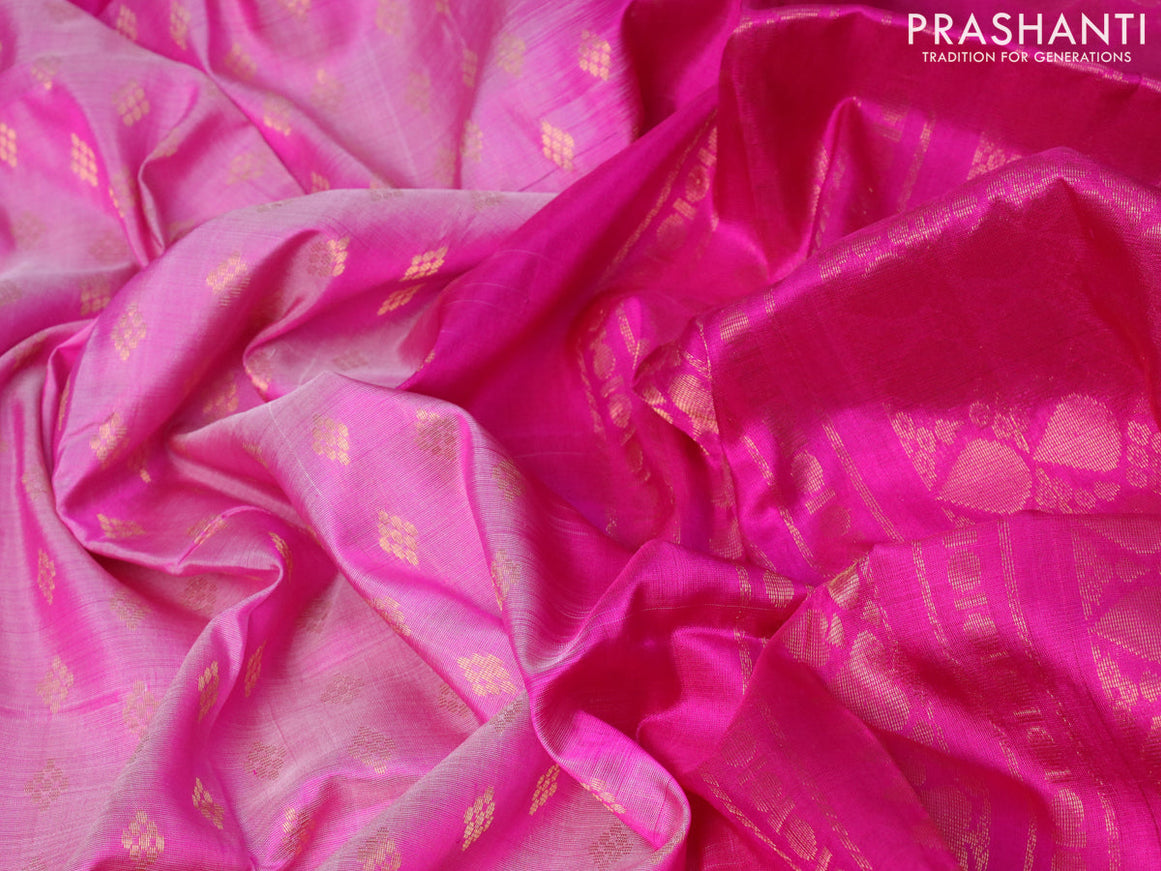 Pure uppada silk saree light pink and pink with allover zari woven buttas and deer design zari woven border