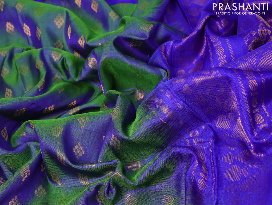 Pure uppada silk saree dual shade of bluish green and blue with allover zari woven buttas and deer design zari woven border