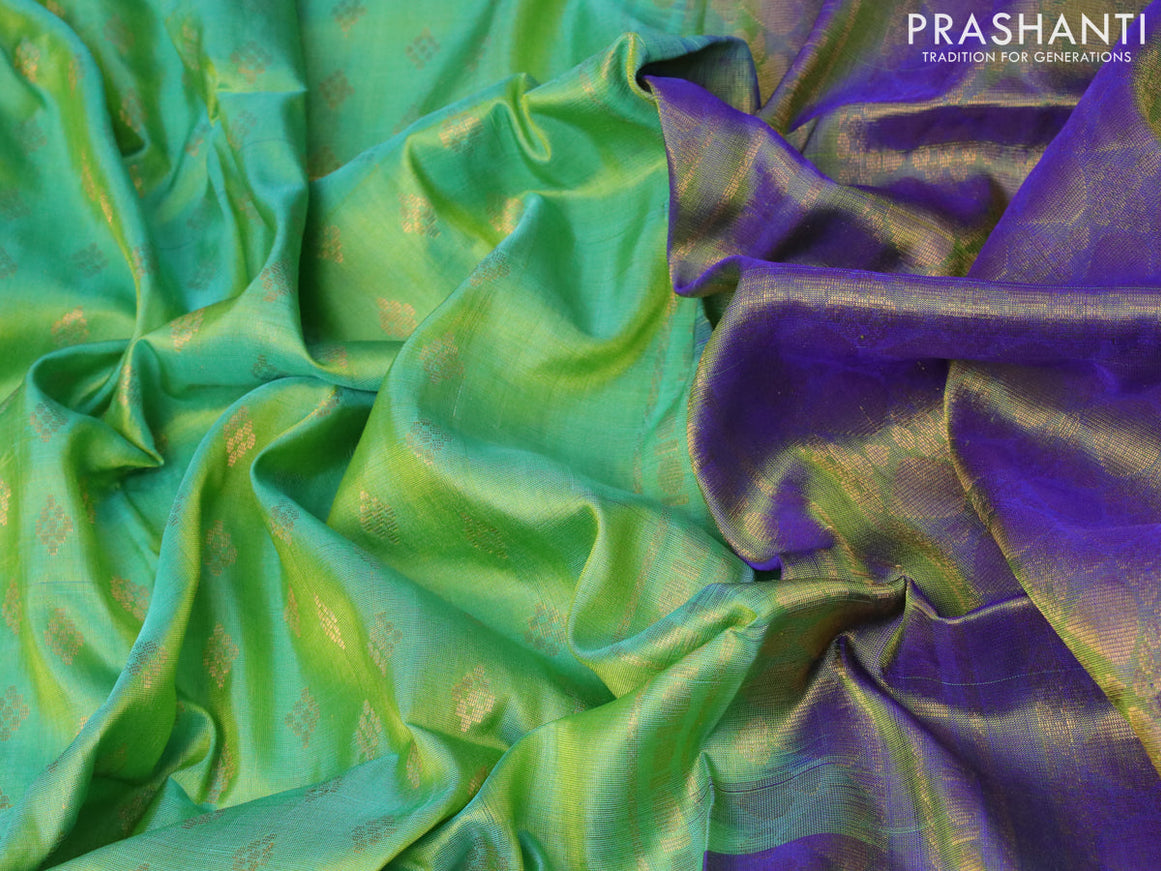 Pure uppada silk saree dual shade of green and dual shade of bluish green with allover zari woven buttas and deer design zari woven border