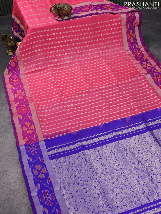 Pure uppada silk saree pink and blue with allover silver zari woven floral buttas and ikat style zari border