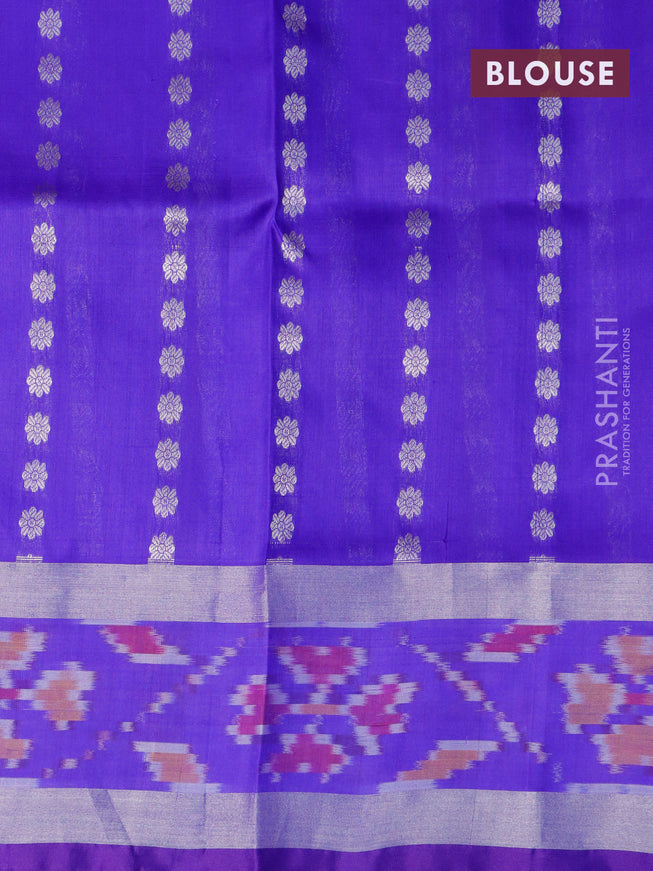 Pure uppada silk saree pink and blue with allover silver zari woven floral buttas and ikat style zari border