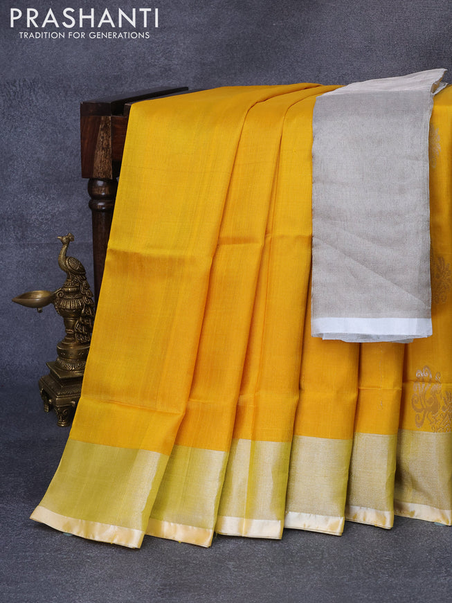 Pure uppada silk saree mustard yellow with silver zari woven buttas and long silver zari woven border