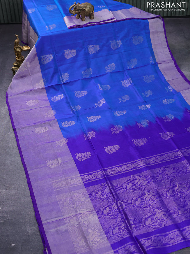Pure uppada silk saree dual shade of blue and blue with silver zari woven buttas and long silver zari woven border