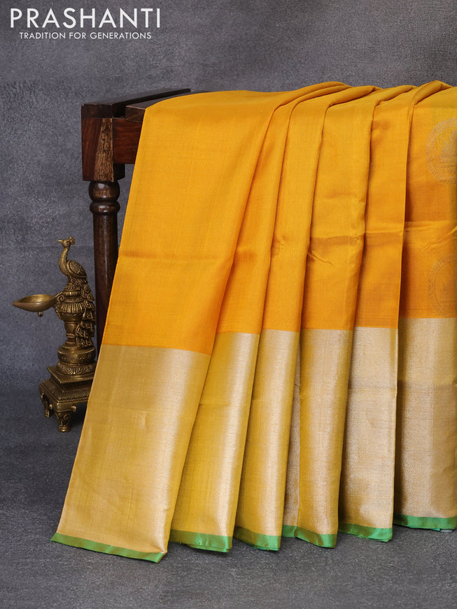 Pure uppada silk saree mustard yellow and dark green with silver zari woven buttas and long silver zari woven border