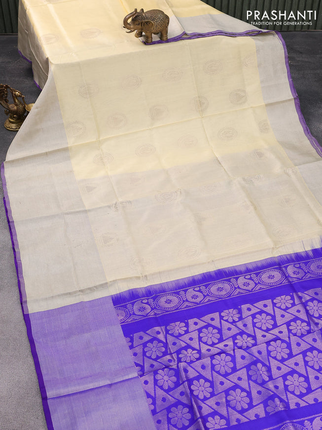 Pure uppada silk saree cream and royal blue with silver zari woven buttas and long silver zari woven border