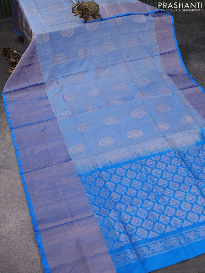 Pure uppada silk saree blue shade with silver zari woven buttas and long silver zari woven border