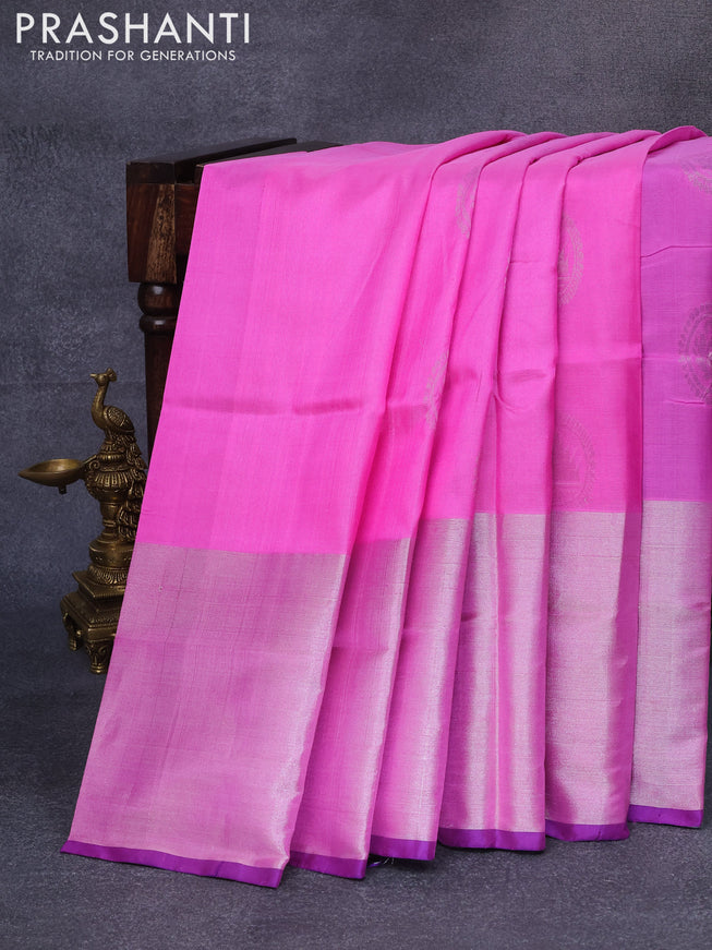 Pure uppada silk saree pink and blue with silver zari woven buttas and long silver zari woven border