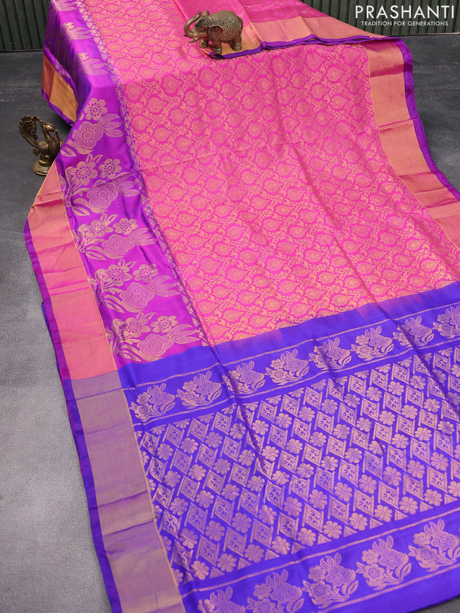Pure uppada silk saree pink and purple with allover zari woven brocade weaves and long floral design zari woven border