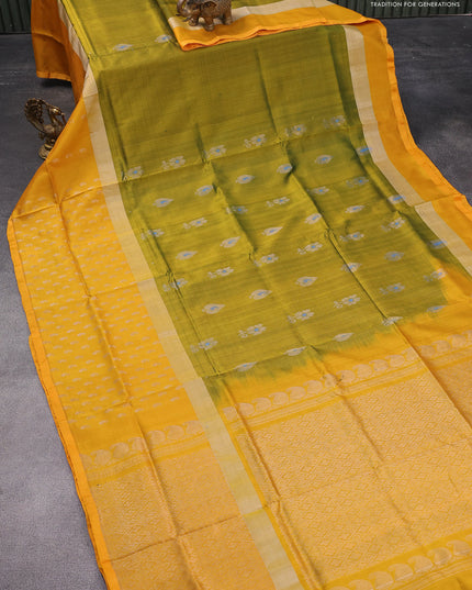 Pure uppada silk saree mehendi green and mustard yellow with silver zari woven floral buttas and silver zari woven butta border