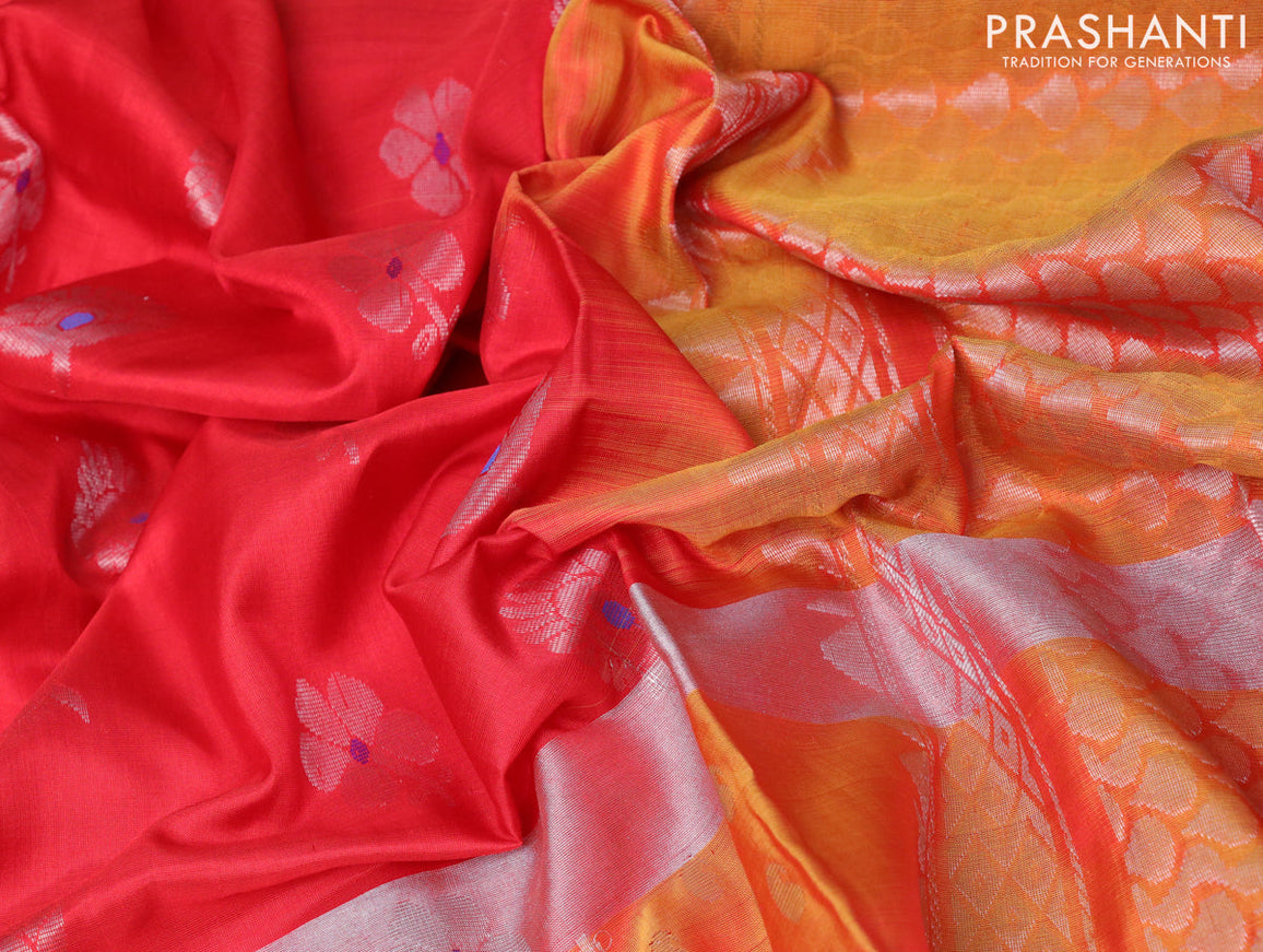 Pure uppada silk saree red and dual shade of mustard yellow with silver zari woven buttas and silver zari woven butta border